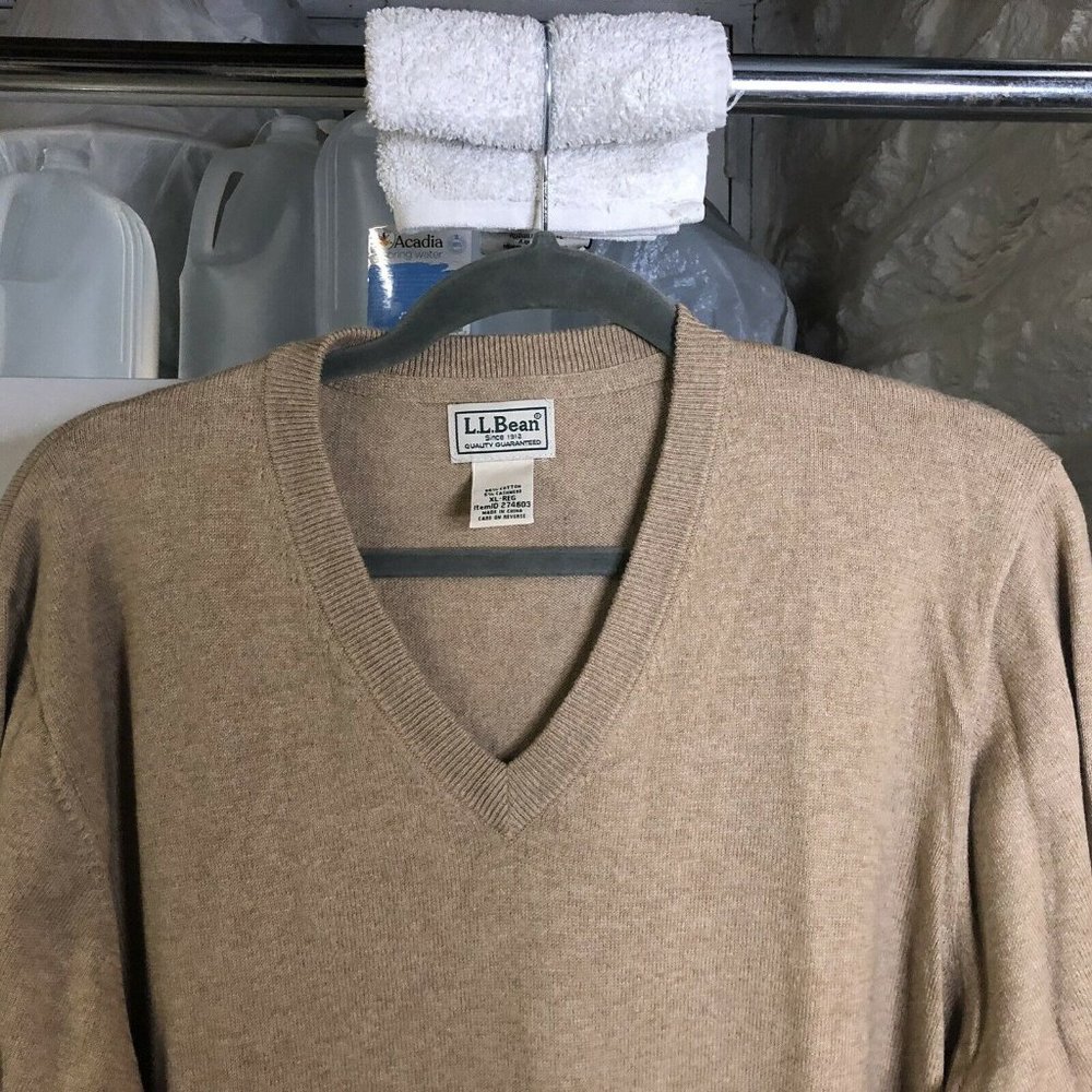 LL Bean Mens Sweater XL Beige Tan Cotton Solid Pullover Long Sleeve Round Neck